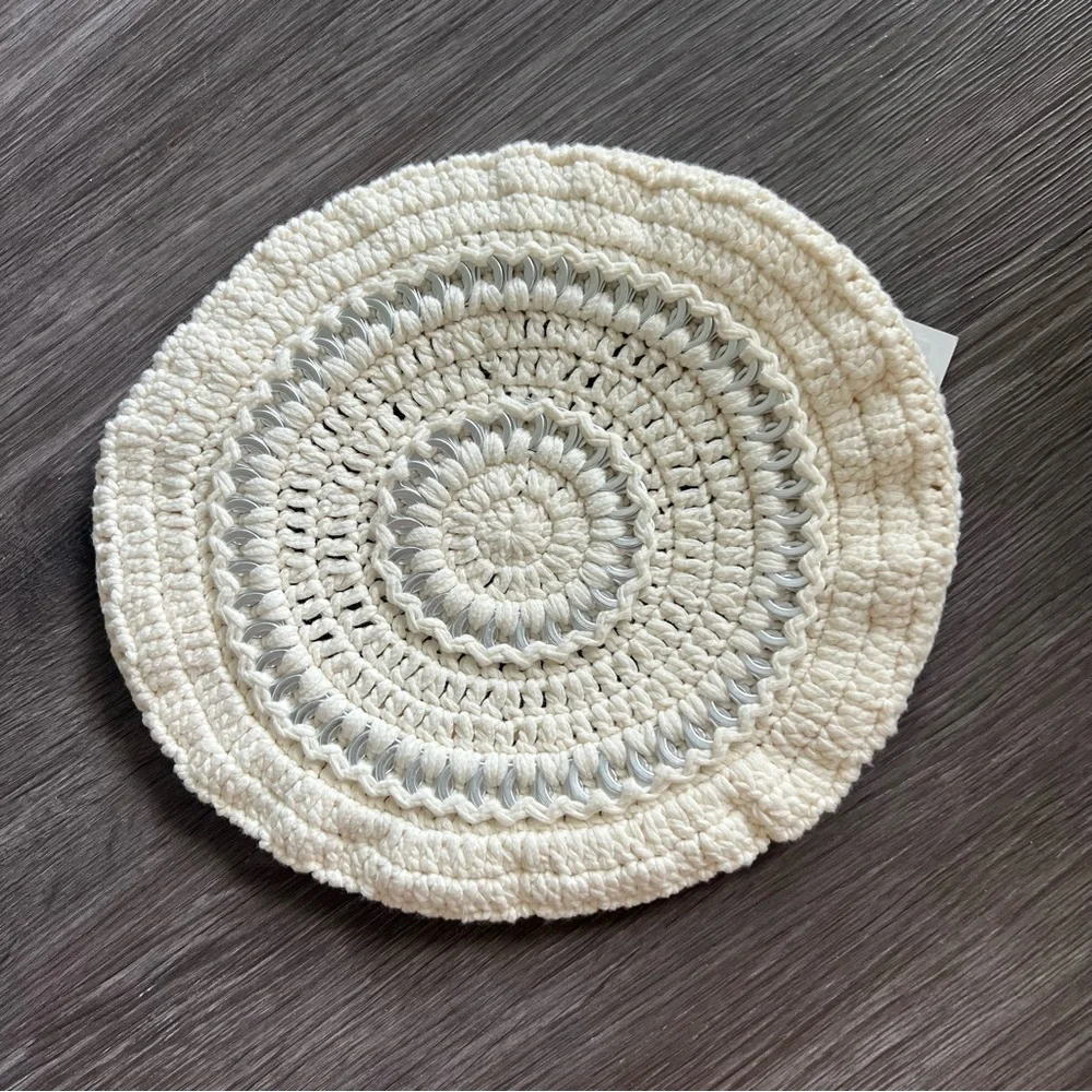 NEW GANNI Crochet Beret Hat Ivory Silver Disc Detail Women's One Size